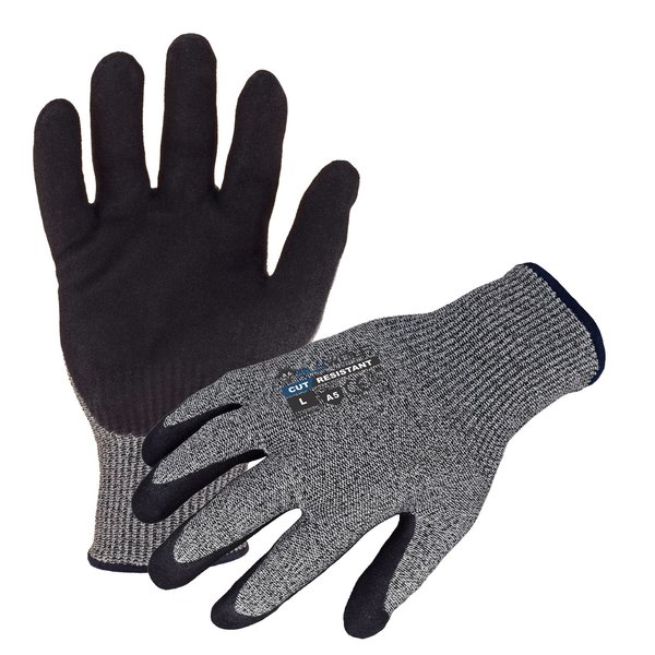 Azusa Safety Bluwolf Cut Resistant 13 ga. ANSI A5 Gray Gloves, Black Sandy Foam Nitirle Palm Coating, M BW5000